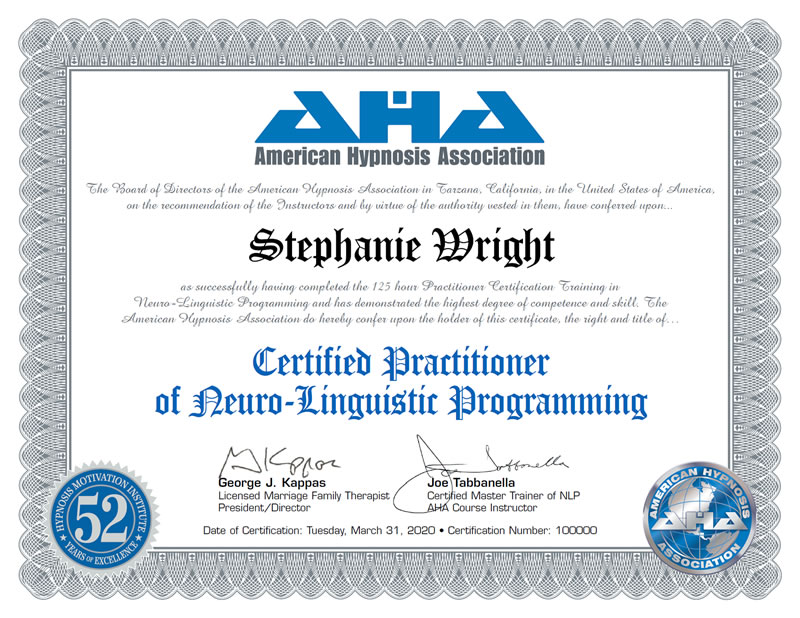 Certified Practitioner of Neuro Linguistic Programming Certificate